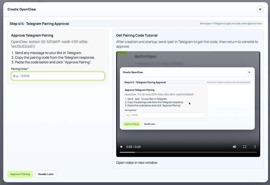 Step 4/4 Telegram Pairing Approval screen with pairing code input